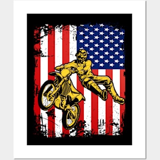 Motocross Dirt Bike American Flag Vintage 4th Of July Enduro Offroad Motocycle Lovers Posters and Art